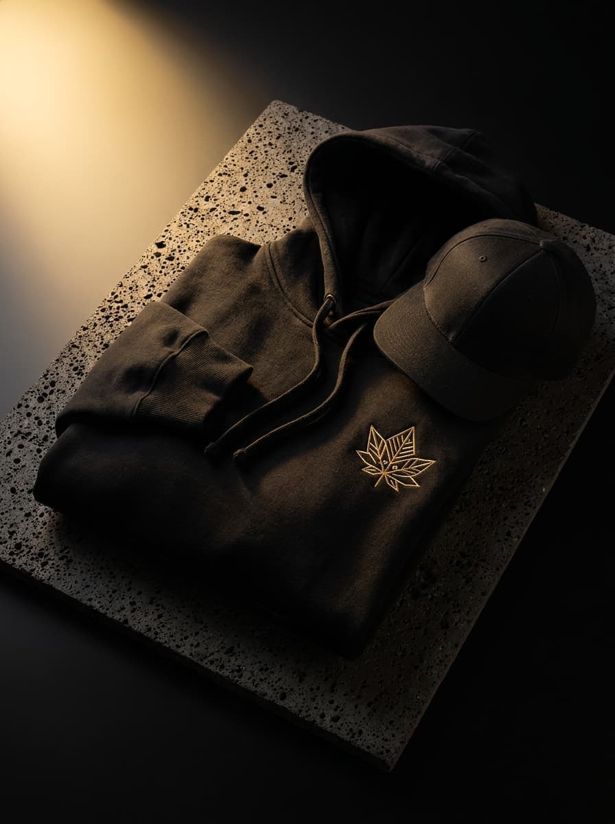 Folded black hoodie with gold leaf embroidery beside a black cap