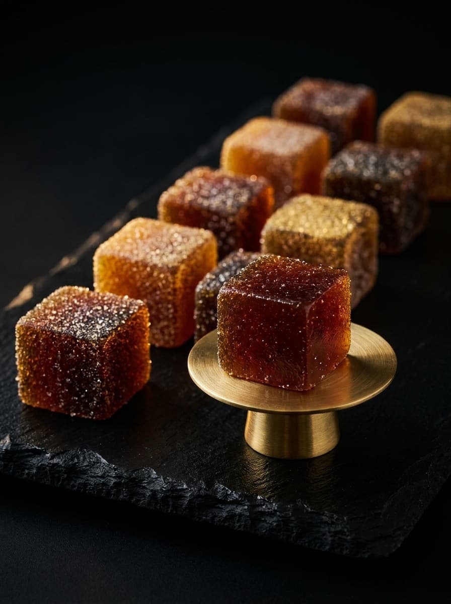 Sugared amber gummy cubes arranged on black slate