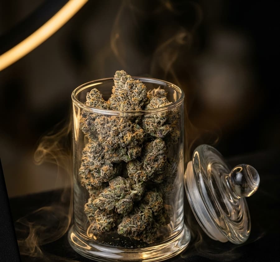 Glass jar filled with frosty THC-A flower buds under warm gold light