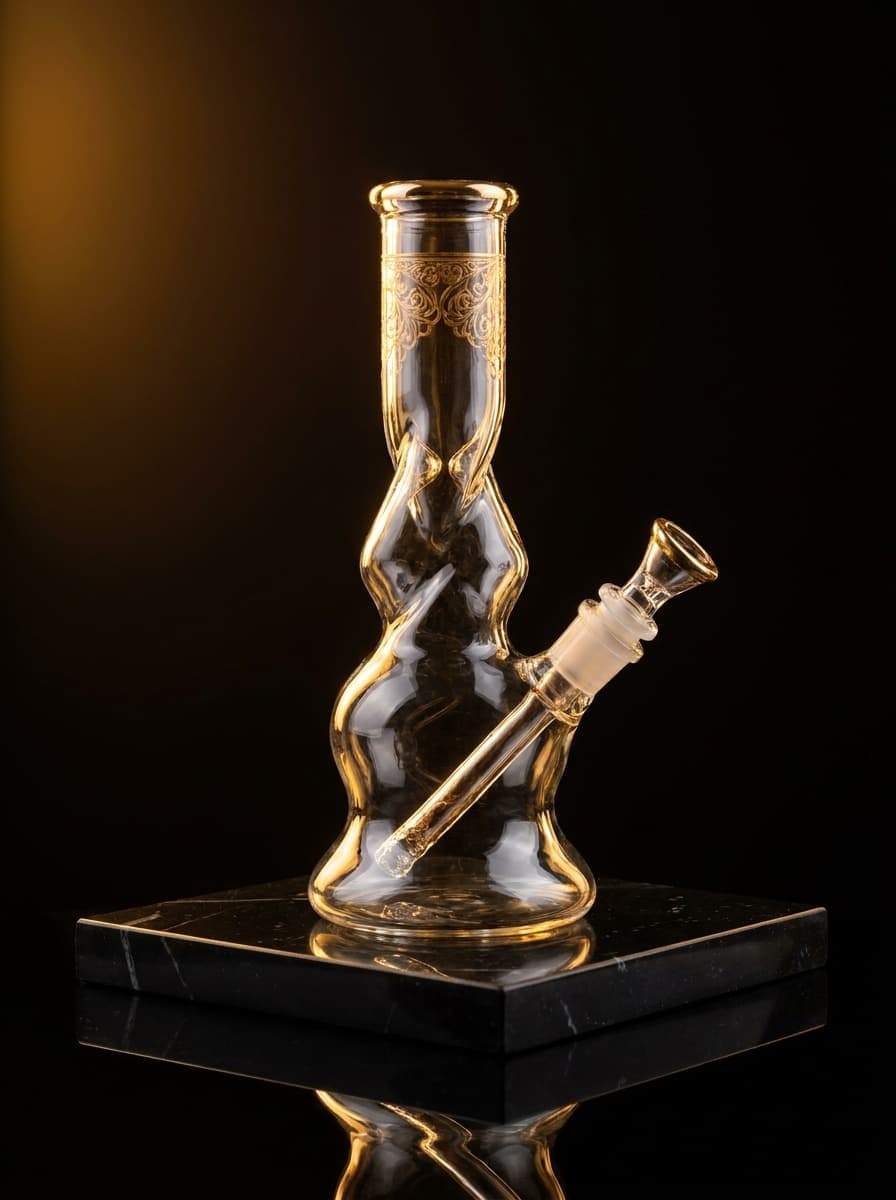 Sculptural hand-blown glass water pipe with gold accents
