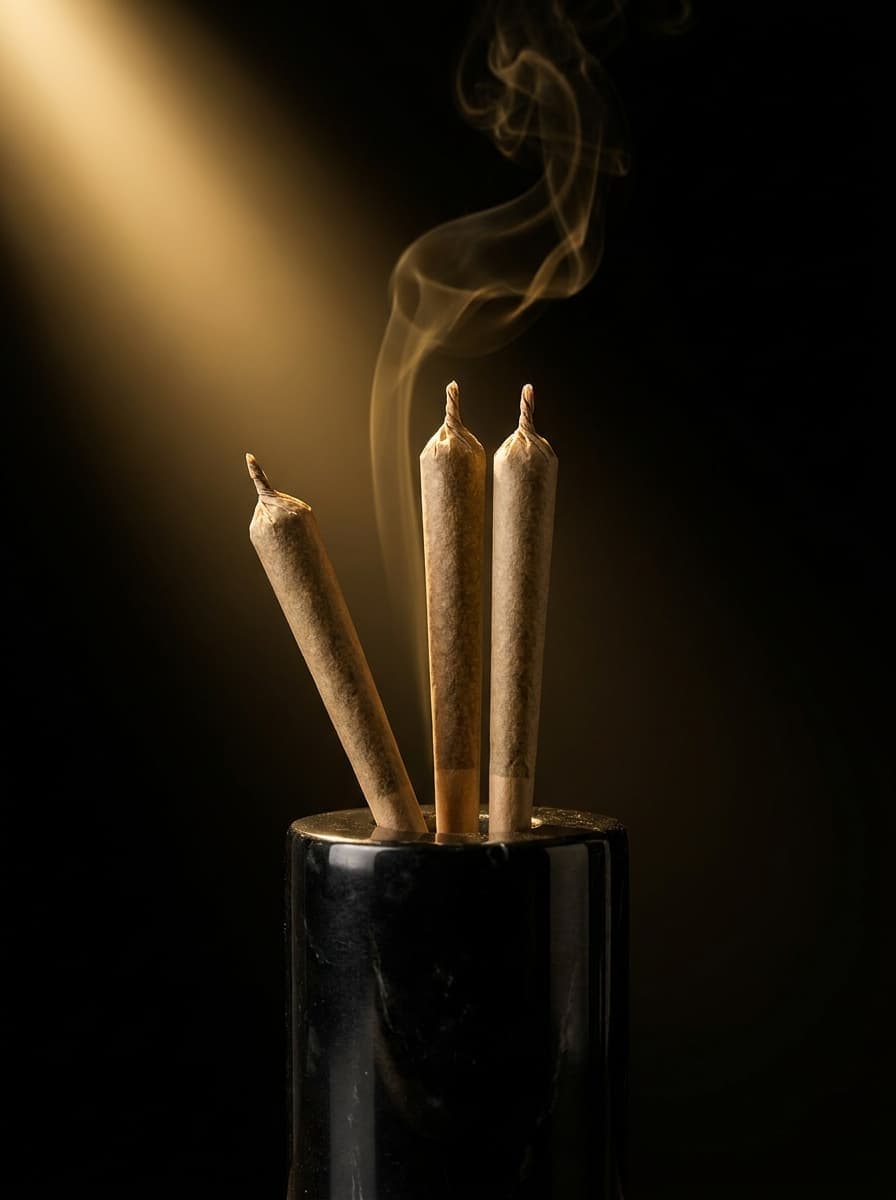 Three cone pre-rolls standing in a black marble holder