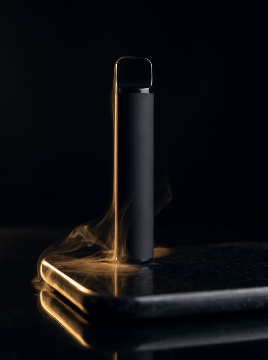 Matte black disposable vape on dark stone with gold light